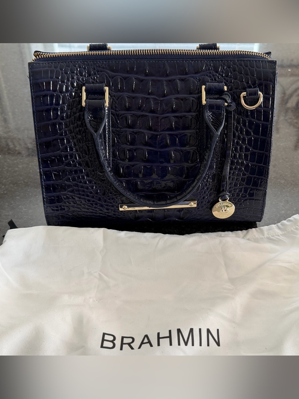 Brahmin Croc-Embossed Patent Satchel - Navy